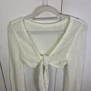 White Open-Knit Long Sleeve Tie Front Shrug Sweater Lightweight Women